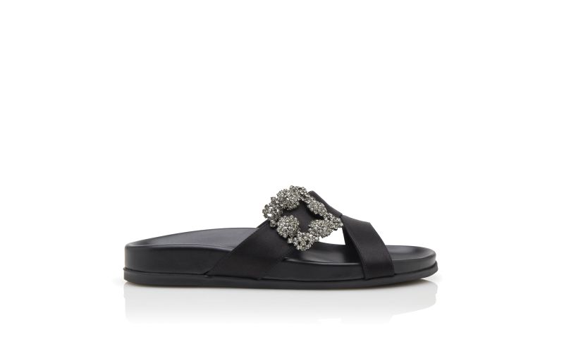 Side view of Chilanghi, Black Satin Jewel Buckle Flat Mules  - AU$1,805.00