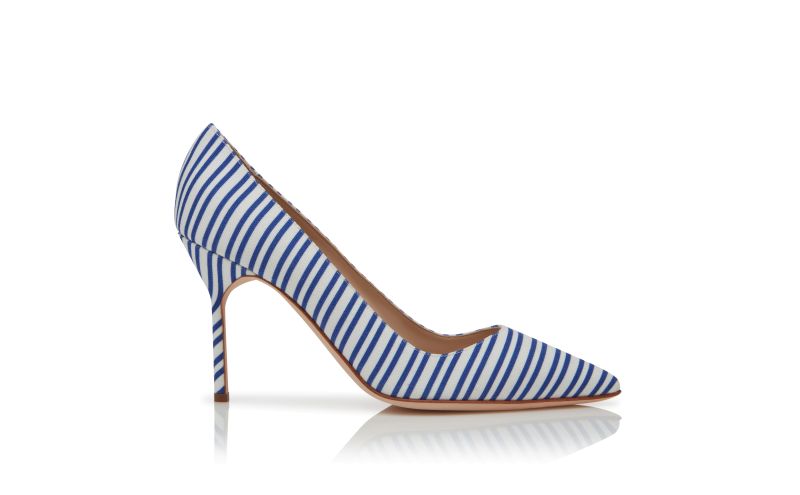 Side view of Bb 90, Blue Cotton Striped Pointed Toe Pumps  - AU$1,195.00