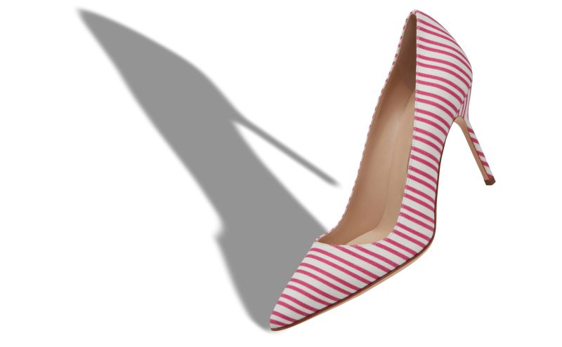 BB 90, Pink Cotton Striped Pointed Toe Pumps , 725 USD