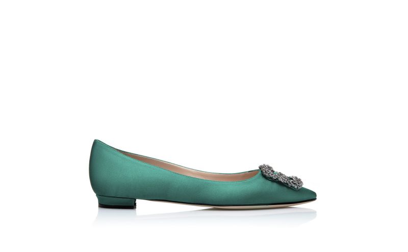 Side view of Hangisiflat, Green Satin Jewel Buckle Flat Pumps - CA$1,425.00