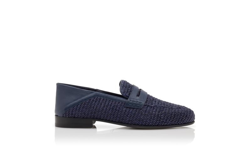 Side view of Padstow, Navy Blue Raffia Penny Loafers - €795.00
