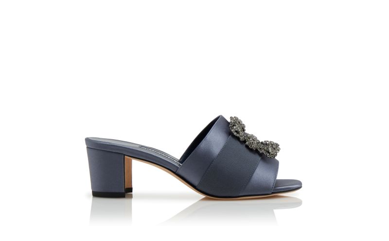 Side view of Martanew, Blue-Grey Satin Jewel Buckle Mules - CA$1,425.00