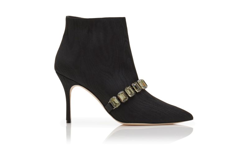 Side view of Designer Black Moire Jewel Strap Ankle Boots