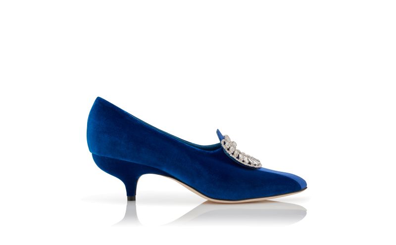 Side view of Statius, Blue Velvet Embellished Pumps - US$735.00