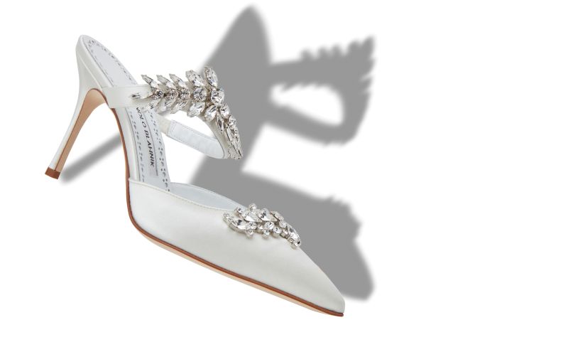 Lurum, White Satin Crystal Embellished Mules - £1,075.00 