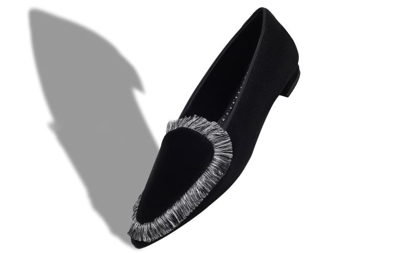 Agofran, Black Velvet Fringe Detail Loafers - US$935.00