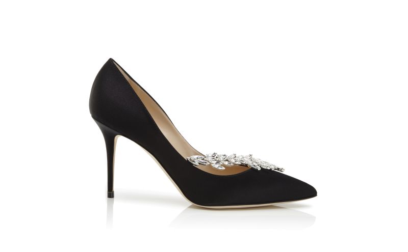 Side view of Nadira, Black Satin Jewel Buckle Pumps  - US$1,145.00