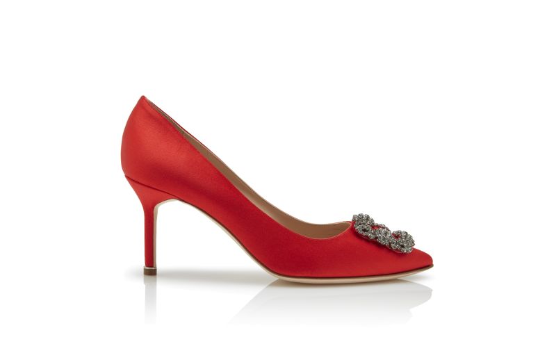 Side view of Hangisi 70, Red Satin Jewel Buckle Pumps - AU$2,055.00