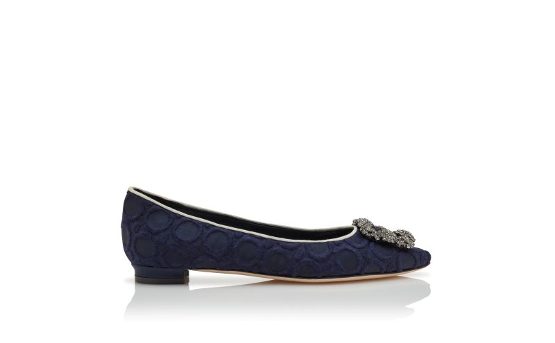 Side view of Hangisiflat, Navy Blue and White Silk Jewel Buckle Flat Pumps - US$1,250.00