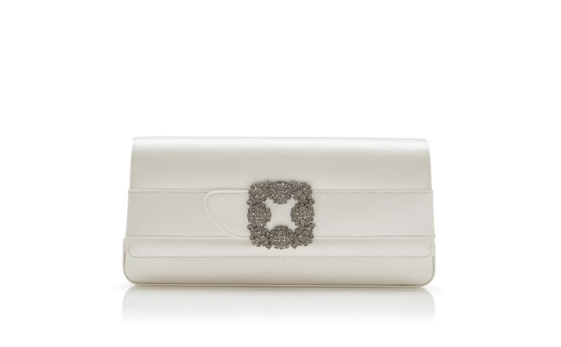 Side view of Gothisi, Light Cream Satin Jewel Buckle Clutch - CA$1,945.00