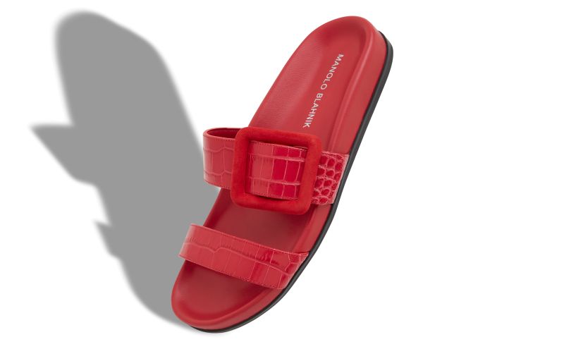 Mayfu, Red Calf Leather Buckle Detail Flat Mules - US$507.00