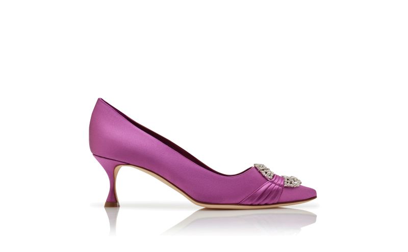 Side view of Maidapump, Purple Satin Embellished Buckle Pumps  - £975.00