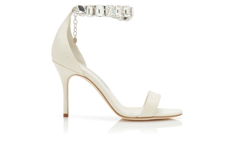 Side view of Designer Cream Moire Jewel Strap Sandals