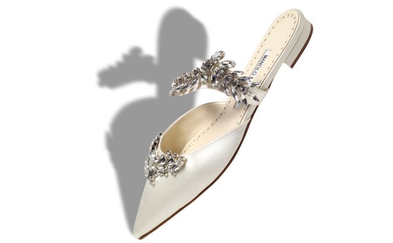 Lurumflat, Light Cream Satin Crystal Embellished Flat Mules - US$1,295.00