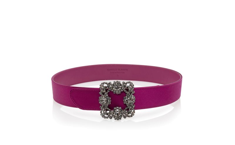 Side view of Hangisi belt, Dark Fuchsia Satin Crystal Buckled Belt - AU$1,425.00