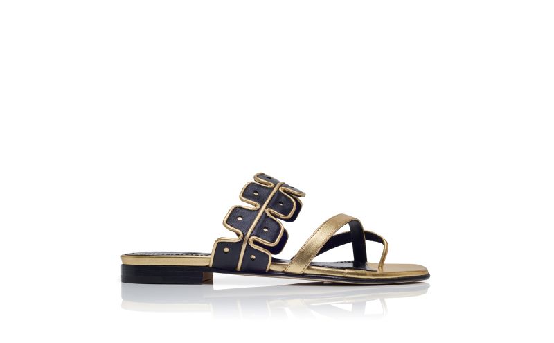 Side view of Supana, Gold and Black Nappa Leather Flat Sandals - US$995.00