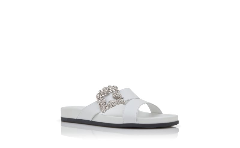 Chilanghi, White Calf Leather Jewel Buckle Flat Mules - €1,075.00