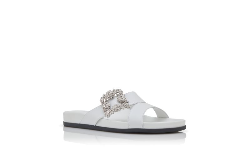 Chilanghi, White Calf Leather Jewel Buckle Flat Mules - AU$2,005.00