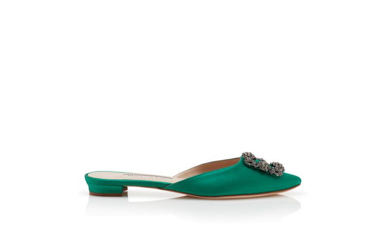 Side view of Hangisimuflat, Green Satin Jewel Buckle Flat Mules - AU$1,745.00