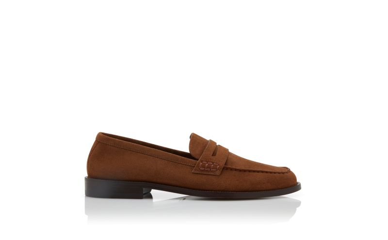 Side view of Perry, Dark Brown Suede Penny Loafers - US$895.00