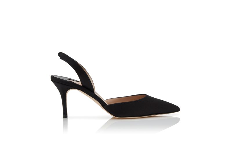 Side view of Carolyne 70, Black Satin Slingback Pumps - £625.00