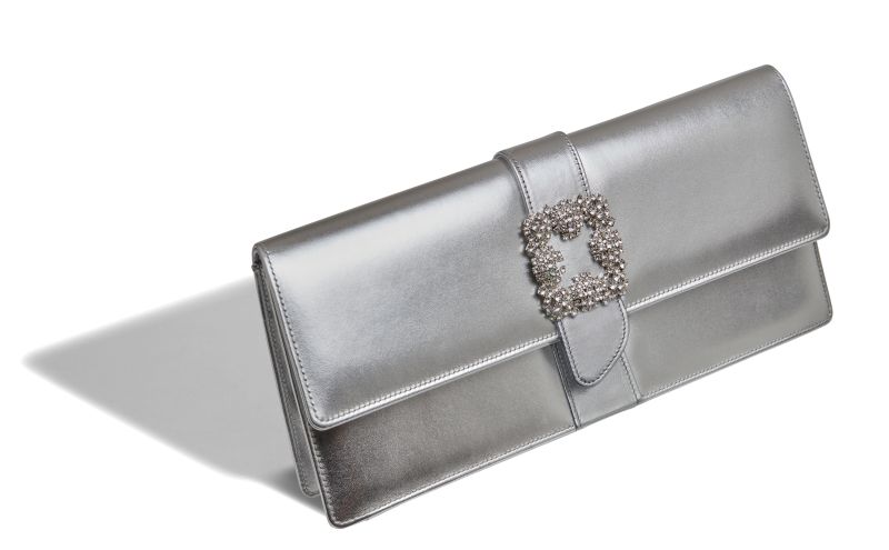 Designer Silver Nappa Leather Jewel Buckle Clutch