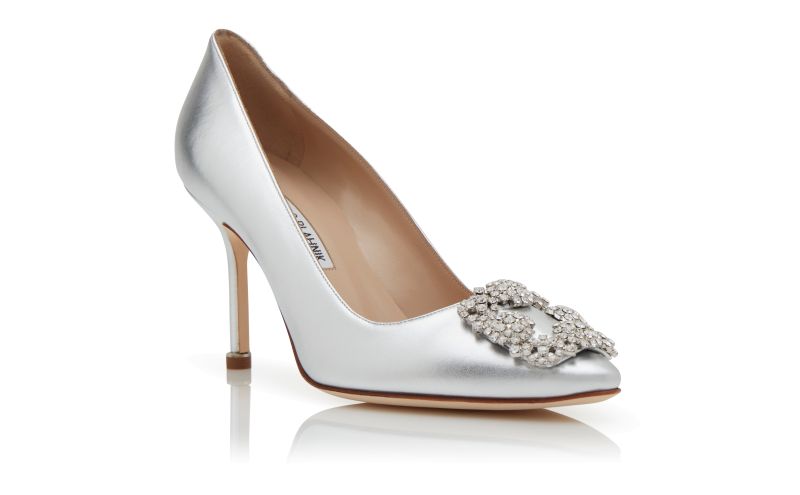Designer Silver Nappa Leather Jewel Buckle Pumps
