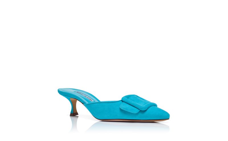 Maysale, Blue Suede Buckle Detail Mules - US$915.00