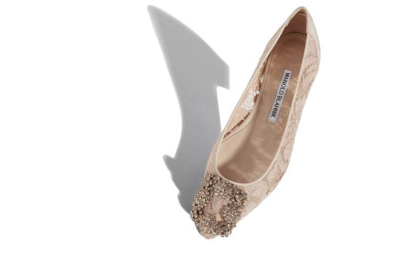 Hangisiflat lace, Pink Champagne Lace Jewel Buckle Flat Pumps - €1,095.00