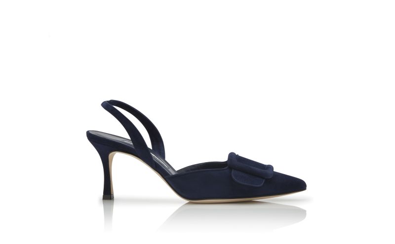 Side view of Maysli, Navy Blue Suede Slingback Pumps - £645.00