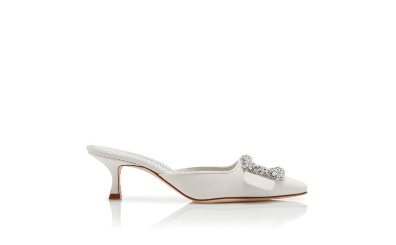 Side view of Maysale jewel, White Satin Crystal Buckle Mules - US$1,145.00