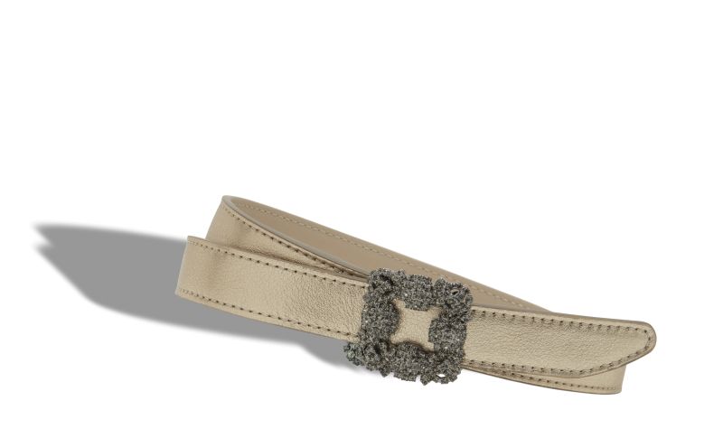 Designer Gold Nappa Leather Crystal Buckled Belt