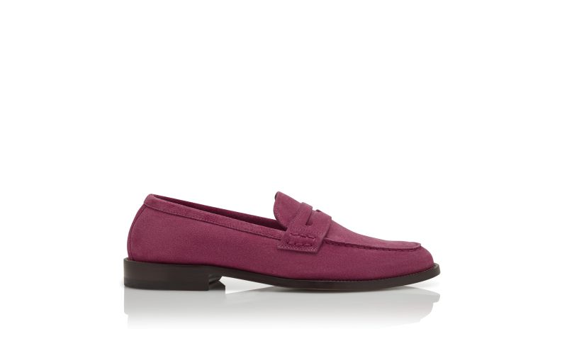 Side view of Perry, Pink Suede Penny Loafers - US$1,045.00