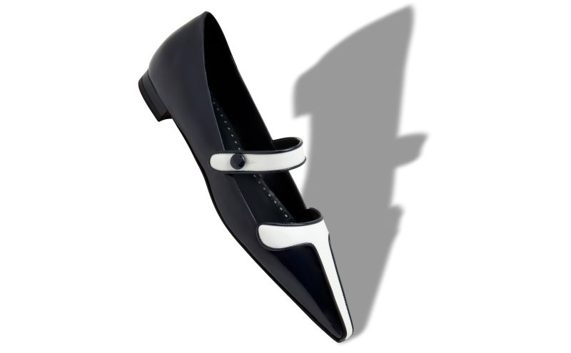 Ganeusflat, Navy Blue and White Patent Leather Mary Jane Flat Pumps - US$1,025.00 