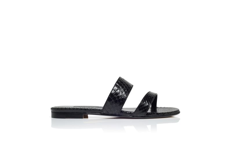 Side view of Serrato, Black Snakeskin Flat Sandals - US$423.00