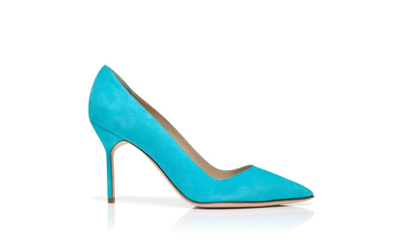 Side view of Bb, Blue Suede Pointed Toe Pumps - US$865.00