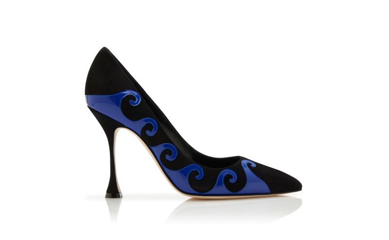 Side view of Kasai, Black and Blue Suede Swirl Detail Pumps - £795.00