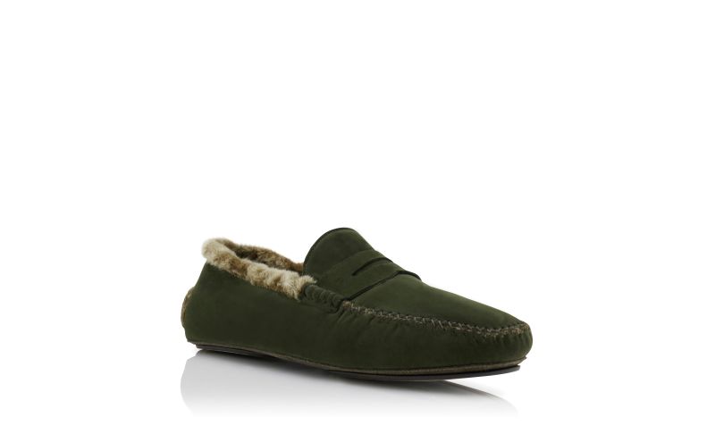 Kensington, Dark Green Suede Shearling Lined Loafers - AU$1,175.00