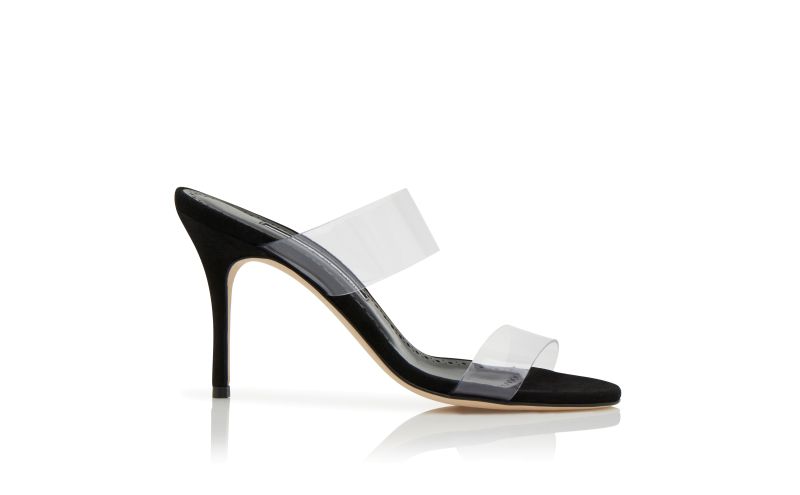 Side view of Scolto, Black Suede and ECO PVC Open Toe Mules - CA$995.00