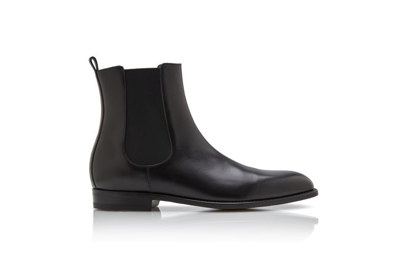 Side view of Delsa, Black Burnished Calf Leather Chelsea Boots - AU$1,785.00