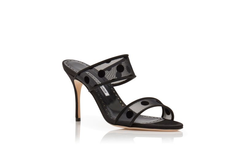 Designer Black Mesh Polka Dot Mules