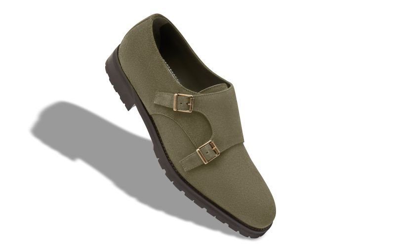 Designer Khaki Green Suede Monk Strap Shoes