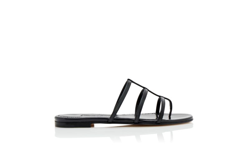 Side view of Designer Black Patent Leather Strappy Flat Sandals 