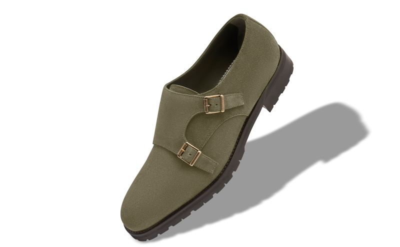 Designer Khaki Green Suede Monk Strap Shoes