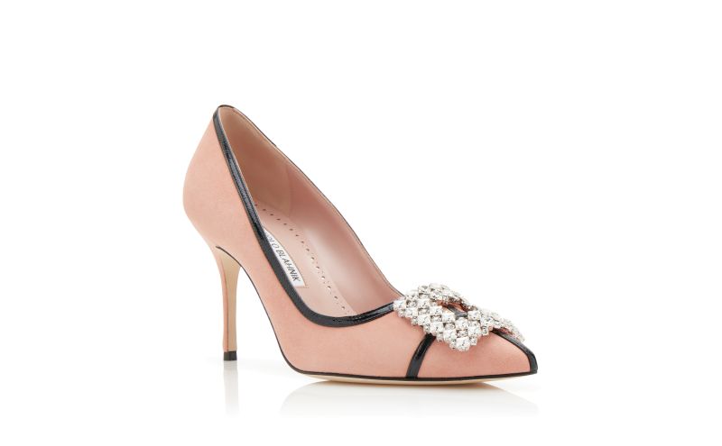 Designer Beige and Black Suede Jewel Buckle Pumps