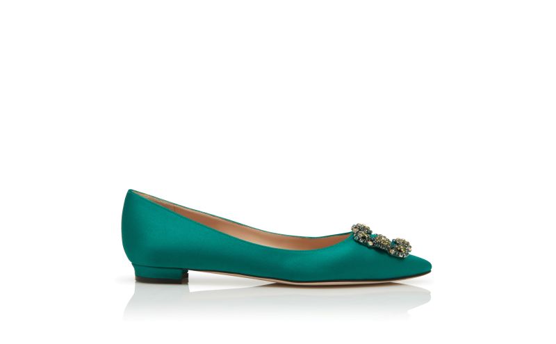 Side view of Hangisiflat, Green Satin Jewel Buckled Flats - US$1,175.00