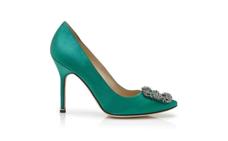 Side view of Hangisi, Green Satin Jewel Buckle Pumps - €1,075.00