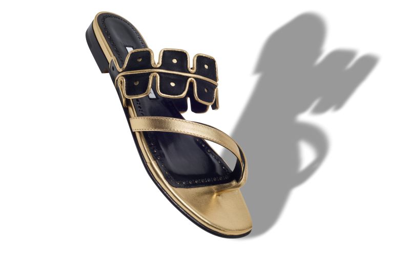 Supana, Gold and Black Nappa Leather Flat Sandals - US$995.00 