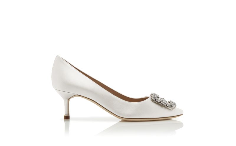 Side view of Hangisi 50, Light Cream Satin Jewel Buckle Pumps - £945.00