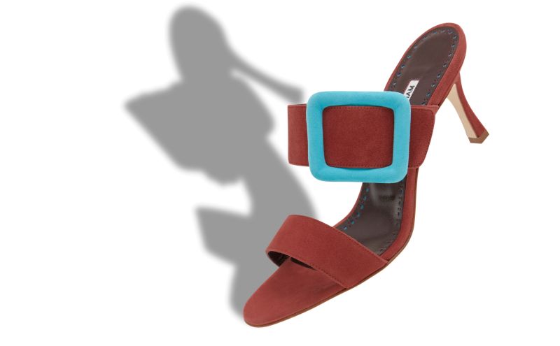 Designer Red and Light Blue Suede Buckle Mules